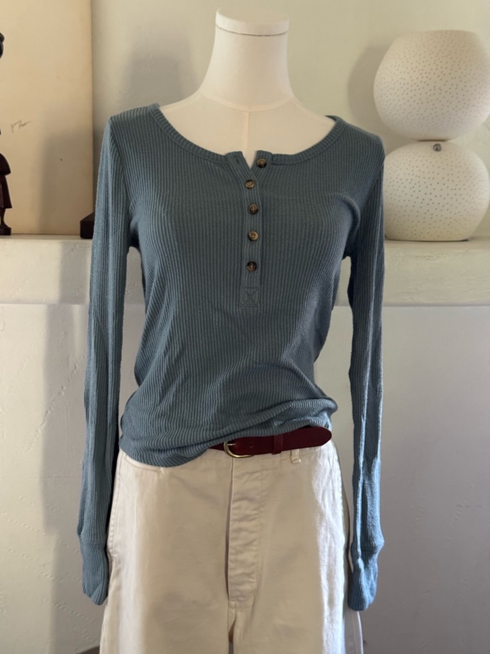 Faherty Mineral Blue Ribbed Henley Tee Small | Soft Cotton Blend Long Sleeve